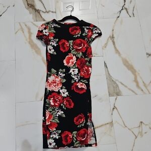 Joe & Elle Black Midi Dress with Red and Pink Rose Print